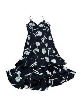 Lauren Ralph Lauren Size 8 Feminine Elegant Black White Floral Silk Midi Dress